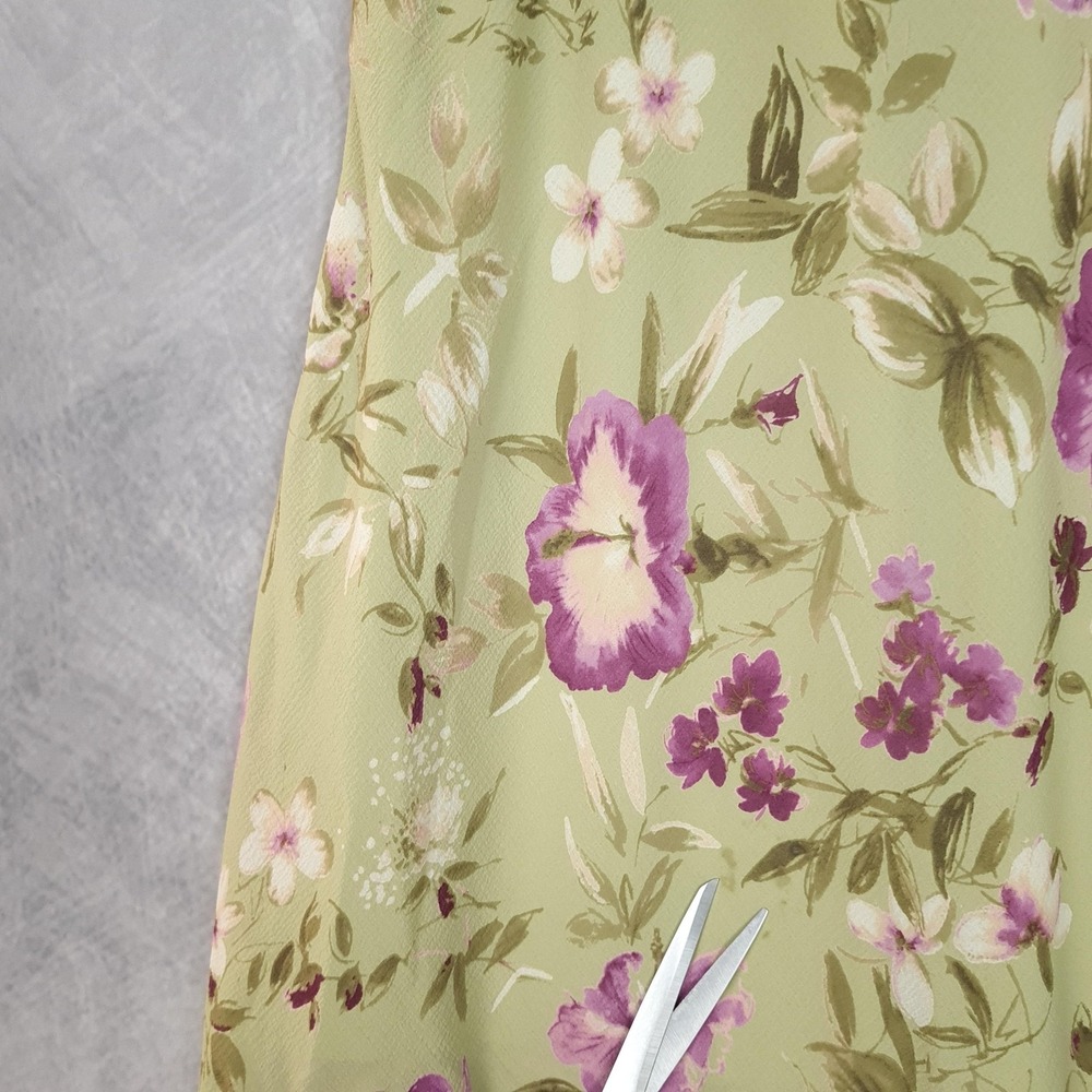 Vntg Y2K Skirt Womens 12 Green Floral Chiffon Midi Asym Hem Flutter Whimsy Fairy - Picture 15 of 16